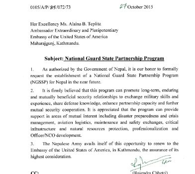 सेनाको दाबी झुठो, एसपीपीमा सहभागी हुन सेनाले अमेरिकालाई लेखेको पत्र सार्वजनिक